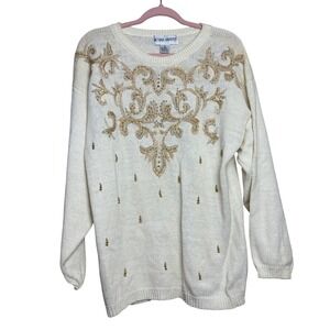 Victoria Harbour Cream Beaded Embellished Knit Sweater Womens L Glam Party White